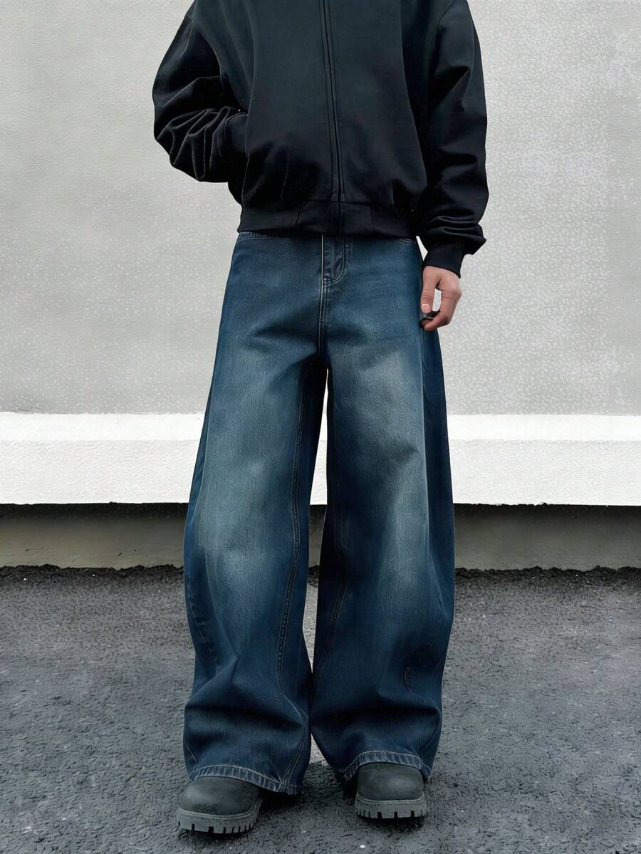 Men's Y2K Solid Color Washed Denim Straight Leg Casual Loose Wide Leg Pants - Dark Wash - View 1