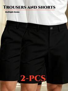 2pcs Men's Casual Dress Shorts, Suitable For Outdoor Sports, Daily Casual Wear And Office, Basic Fit - Machine Washable - Black - View 2