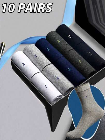 10 Pairs Men's Business Casual Socks, Moisture-Wicking, Odor-Resistant, Mid-Calf Length, Letter Pattern - Machine Washable, Autumn