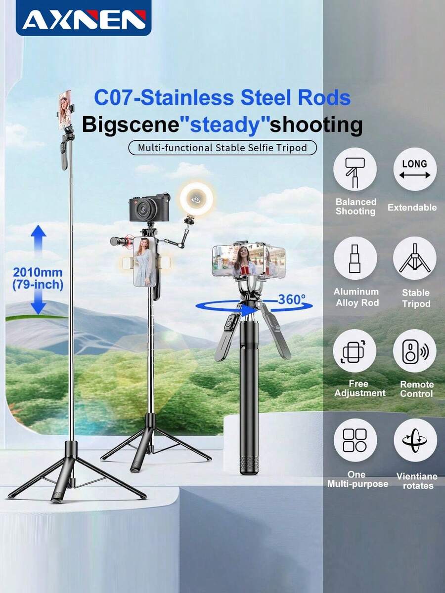 AXNEN 79-Inch/2m Stainless Steel Extra Long Pole - Balanced And Stable, 360° Rotating Selfie Stick Tripod, Multi-Functional Extendable Phone Tripod With Wireless Remote Shutter, Compatible With IOS And Android Phones, Suitable For Selfie, Video Recording, Vlogging, Live Streaming And More. C07 Compatible With IOS And Android Phones, Suitable For Summer Vacation, Travel, Fill Light, Outdoor Activities And Live Streaming.