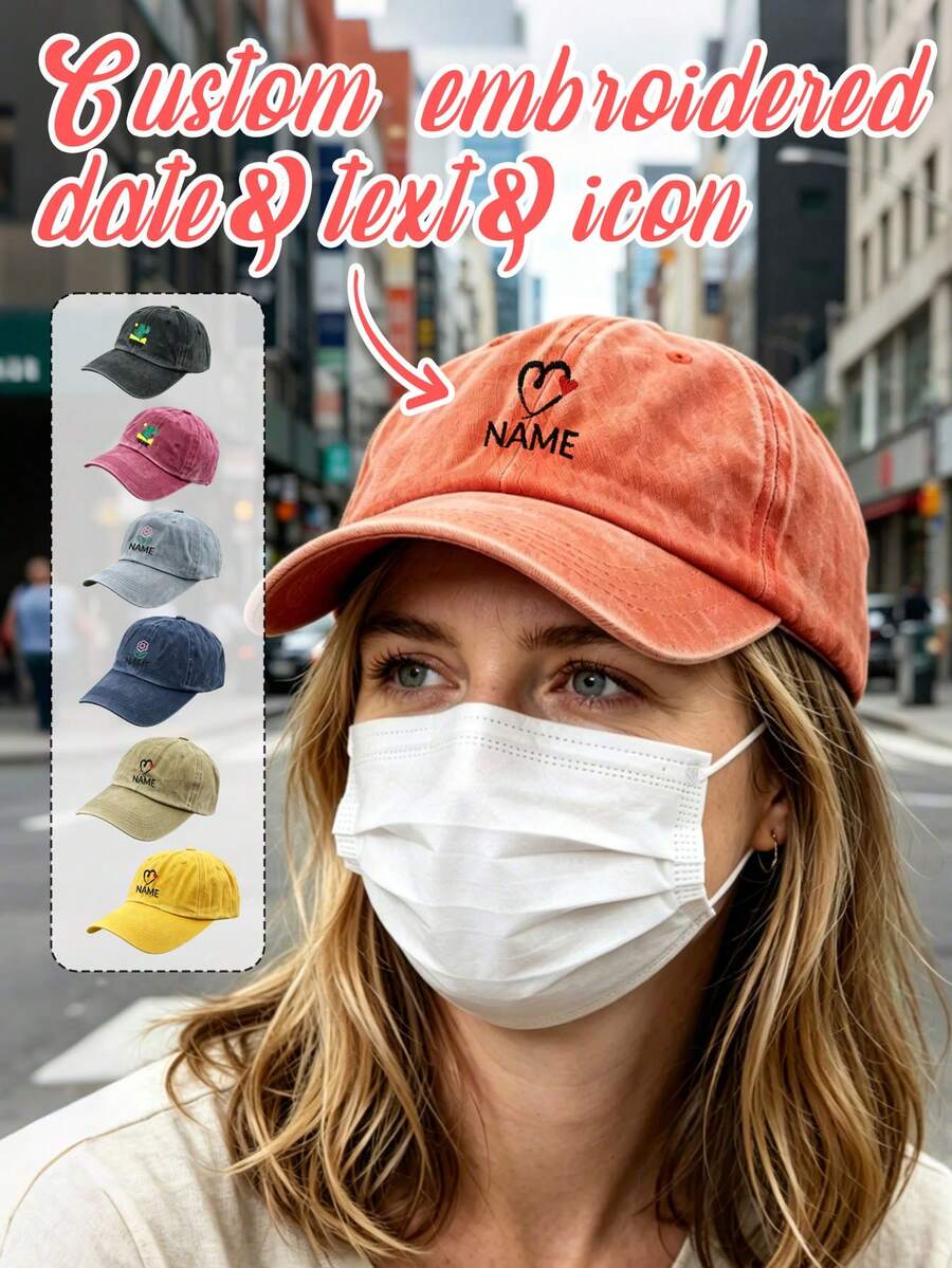 可客製化刺繡姓名卡通圖案復古簡約棒球帽,女款棒球帽,個性化日常休閒街頭風配件,可客製化單身派對帽子禮物,送給朋友和家人的生日週年紀念禮物,男女通用可客製化經典老爹帽 - 青檸色 - 查看 1