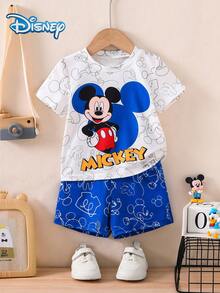 Disney Summer Baby Boys' Newborn Graphic Line Mickey Mouse Print Short Sleeve T-Shirt And Shorts Set, Cartoon Pattern With Stretch, Suitable For Infant Daily Wear, Great Gift - Blue - View 1