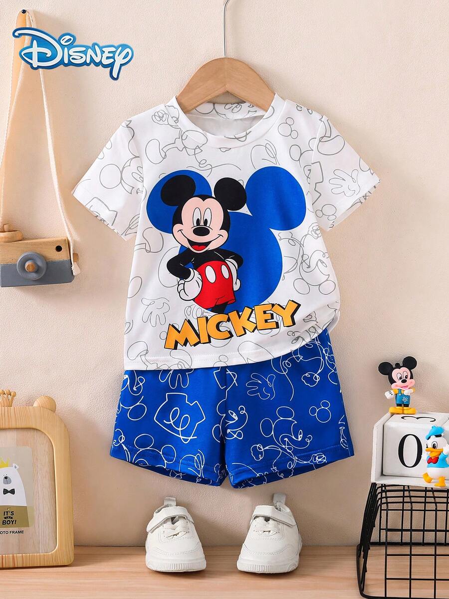 Disney Summer Baby Boys' Newborn Graphic Line Mickey Mouse Print Short Sleeve T-Shirt And Shorts Set, Cartoon Pattern With Stretch, Suitable For Infant Daily Wear, Great Gift - Blue - View 1