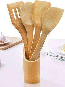 Set de Utensilios de Cocina de Bambú con Base Organizadora | 5 Piezas Resistentes y Elegantes - Camel - Ver 6