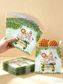 50pcs 14*14cm Jungle Animal Square Gift Bags, Jungle Animal Theme Birthday Party Gift Packaging Supplies, With Sealed Pocket, Jungle Animal Gift Packaging Bags, Party Favors, Birthday Party Gifts, Baby Shower Decorations, Kitchen Packaging Supplies. - Green - View 5