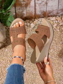 Hollow H-Shape Platform Wedge Slippers For Women, Thick Sole Elevated Outdoor Slides, Comfortable Non-Slip Casual Sandals - Brown - View 6
