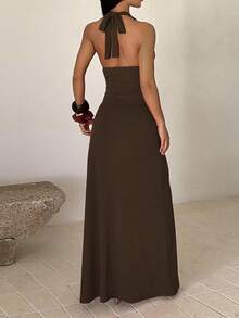 Robe d'été élégante pour femmes, robe de soirée sexy avec taille drapée et resserrée, luxe léger pour mariage, vacances et dîner - Tabac - Voir 3