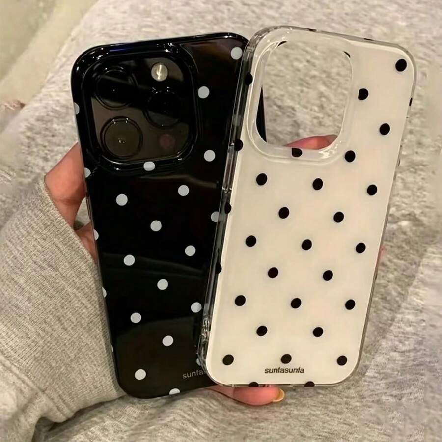 Ett snyggt telefonskal med en enkel och söt design, med ett svartvitt prickigt mönster, lämpligt för iPhone 11 till 17-serien, inklusive Pro Max-versioner. - Vitt - Visa 1