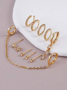 10 Stück Ohrringe Set mit kubischem Zirkonia, mehrschichtige Ohrstecker mit Stern Anhänger Kette, geeignet für den täglichen Gebrauch von Frauen, Dates, Partys - Goldgelb - Übersicht 4