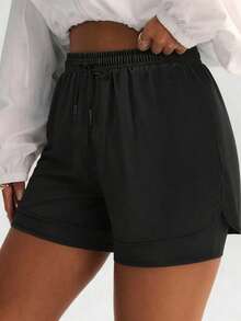 2-in-1 Hochbund Kompressionsshorts, schlankmachend und anhebend, Schlitzdesign Schwarz - Schwarz - Übersicht 1