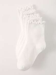 5/10双装儿童白色竖条纹荷叶边短袜，简约时尚百搭，亲肤柔软透气休闲中筒袜，适合日常穿着、送礼、返校季。 - 白色 - 查看 9