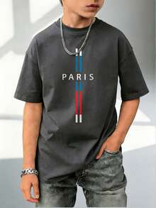 Tween Boys Casual Printed Round Neck Short Sleeve T-Shirt, Summer Top - Dark Grey - View 2