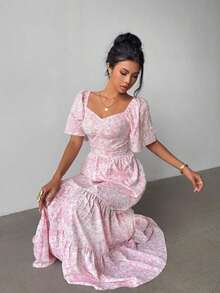 Summer Short Sleeve Beach Vacation Music Festival Pink Ditsy Floral Maxi Dress - Hồng - Xem 5