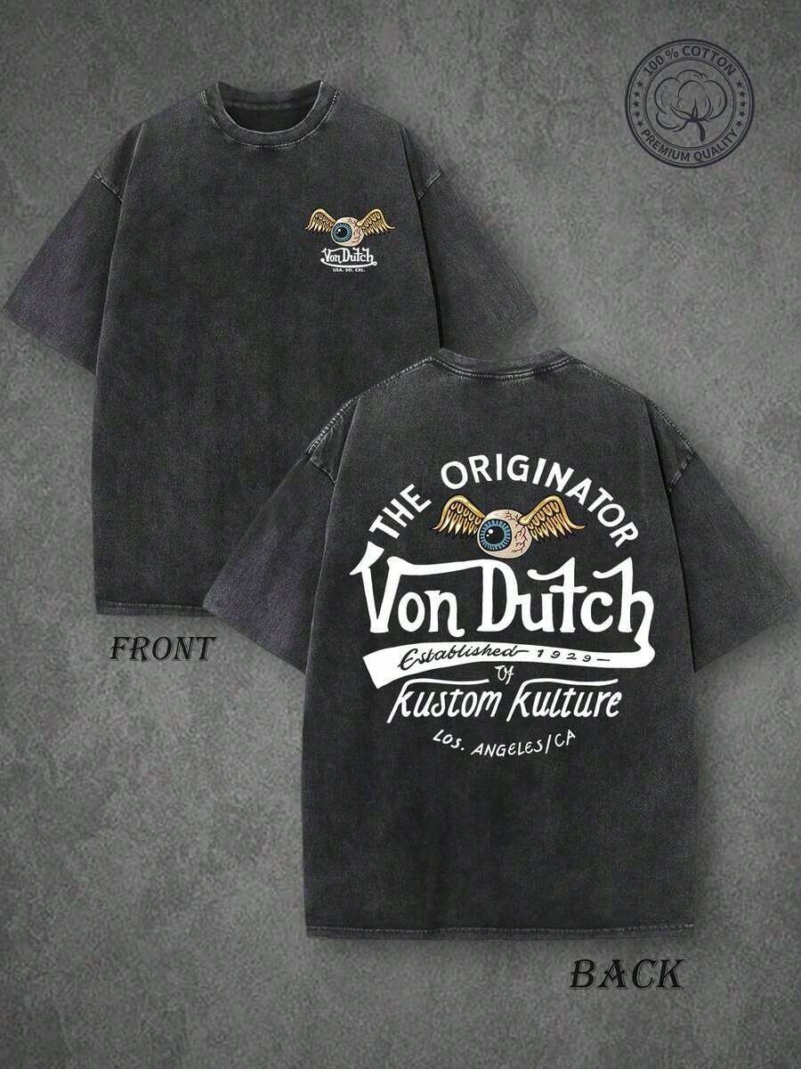 The Originator Vons Dutchs Kustom Kulture 1929 Retro Washed T-Shirt, Double-Sided Print, Premium Pure Cotton Casual Streetwear, Perfect Gift - 黑色 - 查看 1