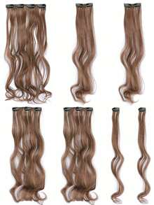Extensiones de cabello ondulado con clip de 18 a 30 pulgadas de largo, set de 7 piezas, piezas de cabello gruesas, diseño de clips invisibles, fibra sintética suave, color negro, para mujeres - Óxido marrón - Ver 6