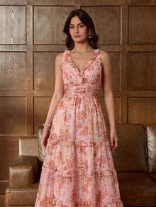 Faeriesty Elegant V-Neck Backless Tie-Up Bohemian Style Maxi Dress For Women, With Ruffle Hem And Ditsy Floral, A-Line Flowy Beach Dress, Suitable For Daily Wear, Weekend Outings, Beach Vacations, Park Strolls And City Walks Party Summer - Coral Pink - View 4