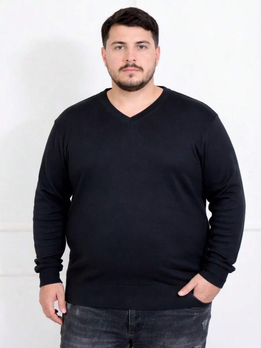 Plus Size Men's Winter Sweater/Blouse With V-Neck, Sizes G1-G4 - màu đen - Xem 1
