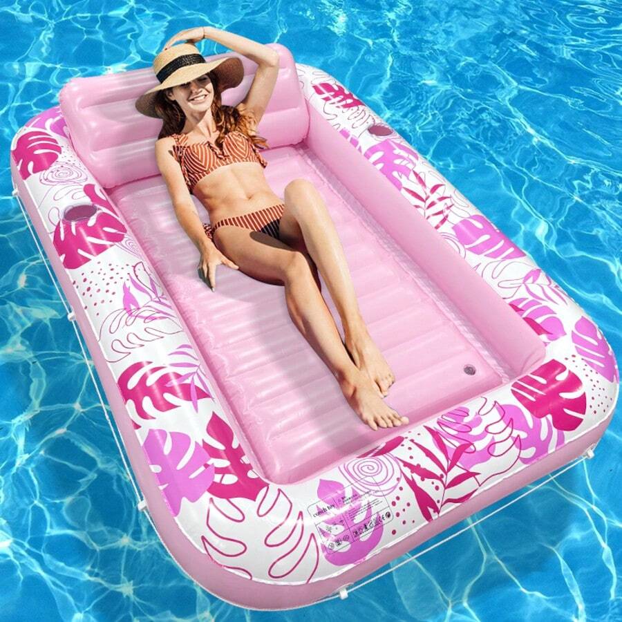 1 pieza Tumbona inflable para tomar el sol, 70 X 45 pulgadas (Aprox. 176 X 115 cm) Flotador de piscina extra grande con almohada, Balsa de baño para tomar el sol 4 en 1 para regalo de fiesta - Multicolor - Ver 1