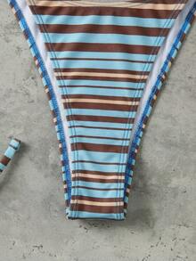 性感条纹印花露背系带比基尼套装（女士款） - 彩色 - 查看 3