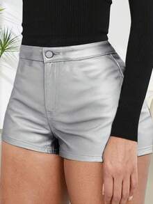Women's Solid Color Casual Vacation Sexy Coated Shorts Summer - Bright Silver - View 2