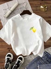 1 Piece, % Cotton. Loose-Fitting T-Shirt In % Cotton, Short-Sleeved Summer Shirt With Round Neck, Plus-Size Top For Spring/Summer, % Cotton, Women's Short-Sleeved T-Shirt, Colorful Print Sonnenschein In Meinem Herzen, Solid Color Round Neck, Soft And Comfortable, Casual, Streetwear, Y2K, Summer Style T-Shirt. - White - View 4