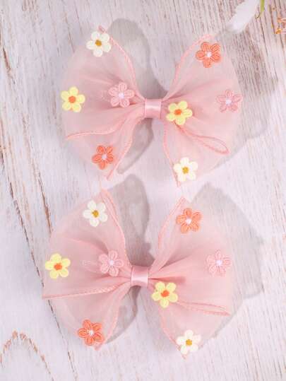 2pcs Cute Pink Tulle Embroidered Flower Hair Bows For Girls,Sweet Multi-Color Daisy Decor Fashion Hair Barrettes,Daily Wear,Birthday & Party Hair Accessories