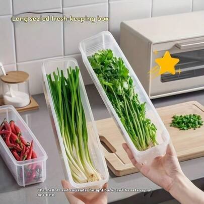 Awaoko 2/6 piezas Caja de almacenamiento de plástico PP de forma alargada para verduras frescas, caja de almacenamiento organizadora para refrigerador, adecuada para cilantro, cebolletas, menta, etc., caja de almacenamiento sellada para cocina, accesorio de almacenamiento de repuesto para refrigerador, accesorio de electrodoméstico para el hogar