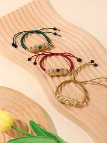 1pc Handmade Woven Arabic Style Bracelet, Hollow Rhinestone Inlaid, Drawstring Design Armband, Petite Vintage Design, Suitable For Moroccan Bride Wedding Party, Festival - Style 2 - View 5