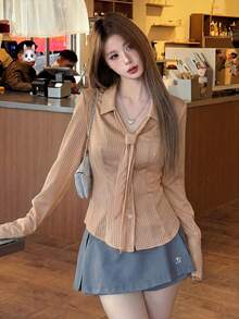 Satin Collar Striped Waist Fitted Long Sleeve Blouse For Women, Sweet & Spicy Vibe, Spring - Khaki - View 5