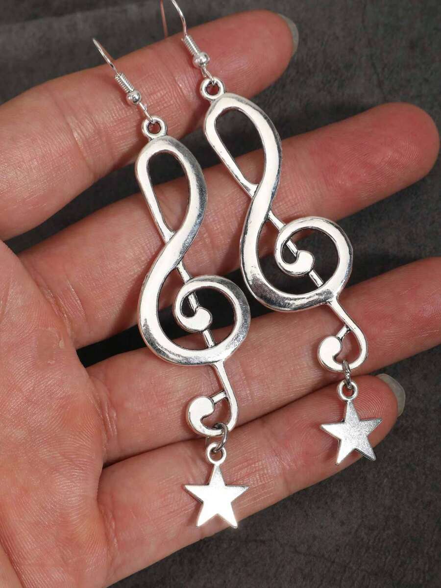 Retro Gothic Rock Music Note Pentagram Y2K Earrings, Music Festival Earrings, Valentine's Day Gift - Silver - View 1