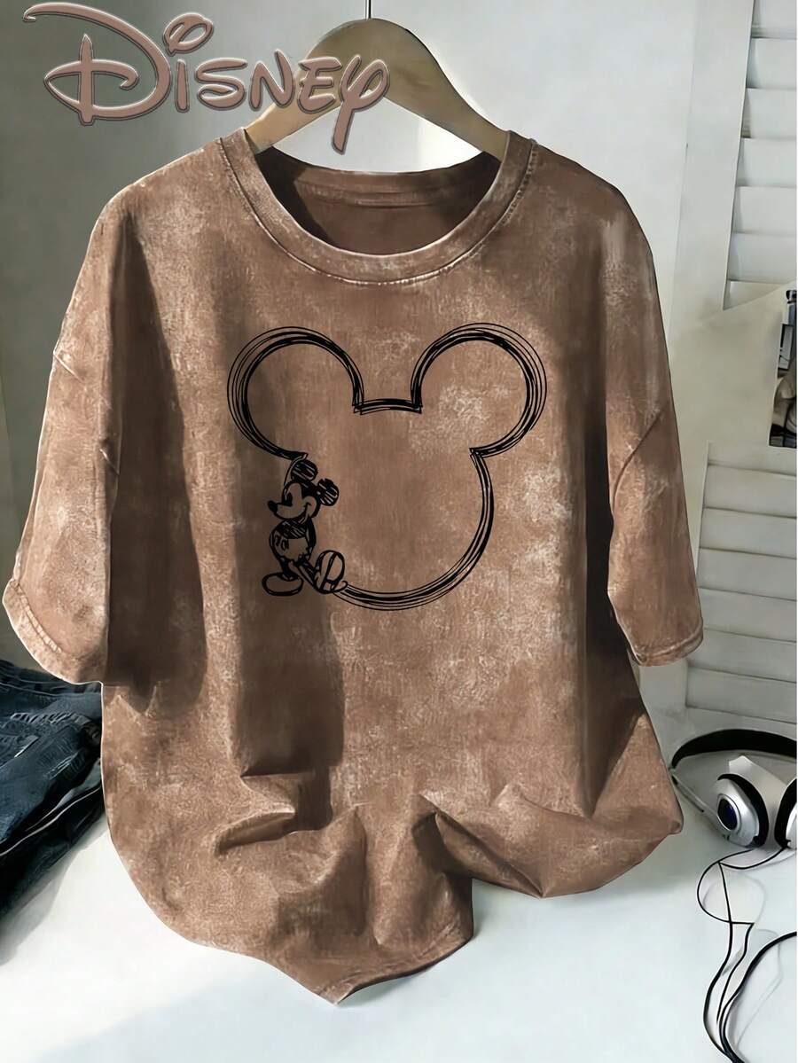 Disney Vintage Hand-Drawn Mickey Mouse Outline Border Design For An Oversized, Distressed T-Shirt For Spring And Summer 2026, Featuring A Round Neck Style That Appeals To Retro Fashion Enthusiasts - Cà phê nâu - Xem 1