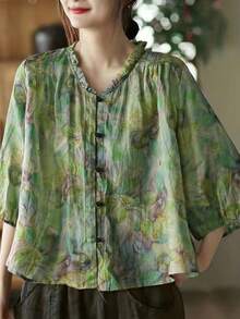 Ruffle Trim Long Sleeve Loose Casual Ditsy Floral Blouse For Women Vacation Summer - Multicolor - View 3