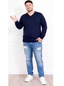 Plus Size Men's Winter Sweater/Blouse With V-Neck, Sizes G1-G4 - Màu xanh hải quân - Xem 3