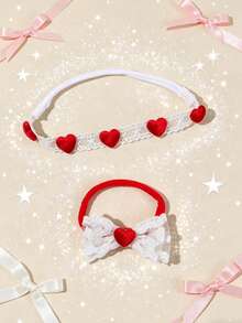 Set de 2 diademas para bebé con bordado floral de encaje y lazo, diadema con forma de corazón rojo de amor, accesorios de cabello suaves y cómodos sin costuras, adecuados para uso diario y el Día de San Valentín - Multicolor - Ver 1