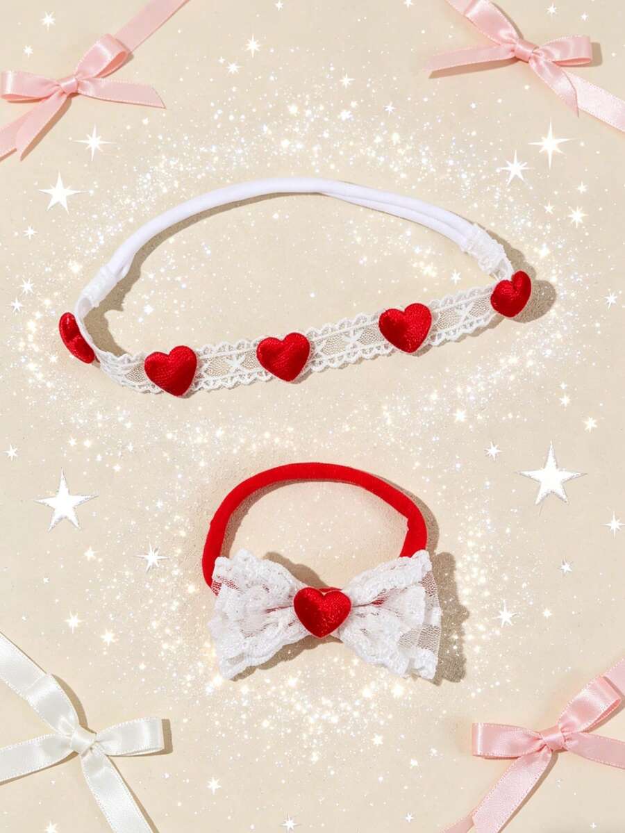 Set de 2 diademas para bebé con bordado floral de encaje y lazo, diadema con forma de corazón rojo de amor, accesorios de cabello suaves y cómodos sin costuras, adecuados para uso diario y el Día de San Valentín - Multicolor - Ver 1