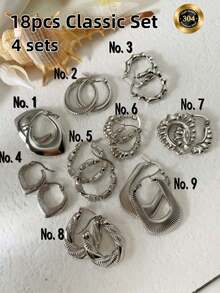 Bộ 18 món trang sức tối giản bằng thép không gỉ 14K, gồm nhẫn và bông tai, dành cho nữ. - Nhiều bộ - Xem 11