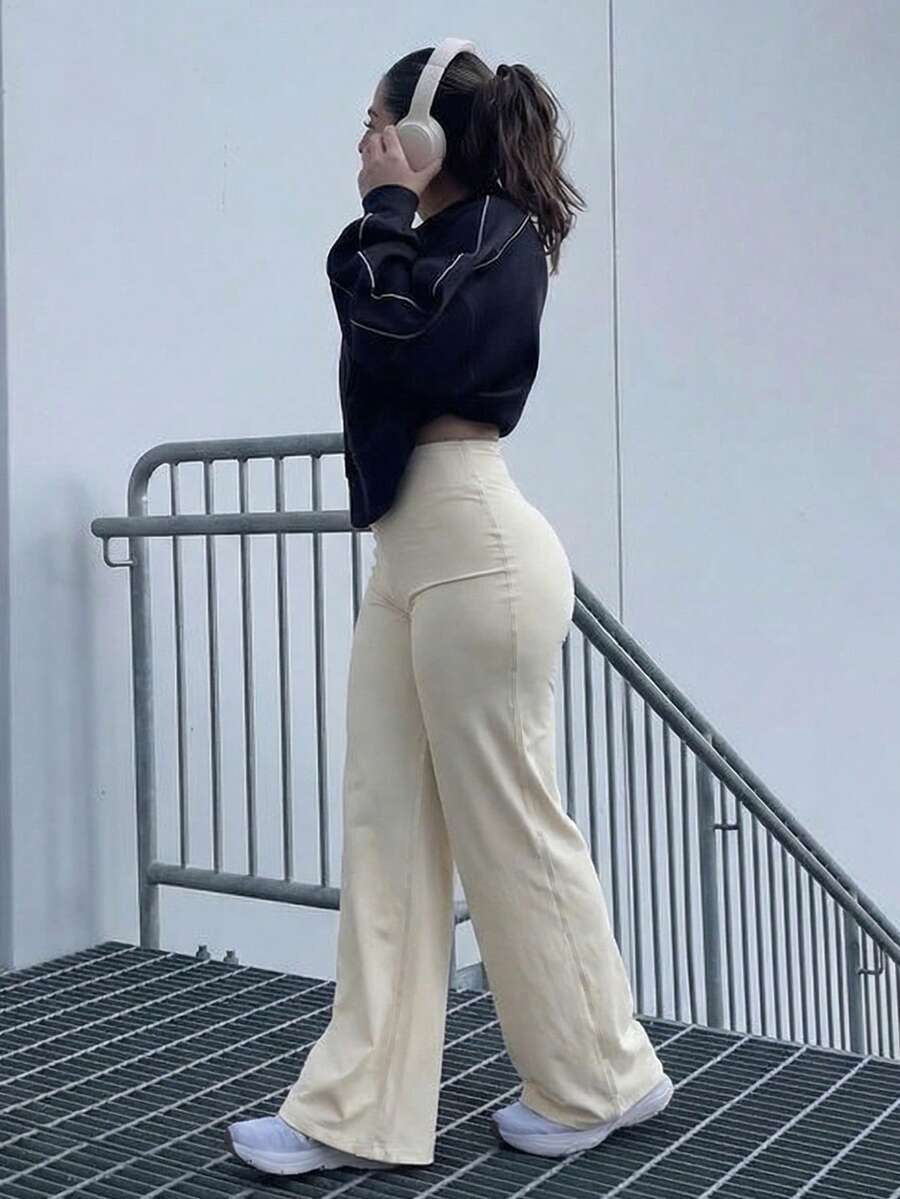 高腰喇叭瑜伽裤，提臀，弹力宽松喇叭裤腿运动裤，可机洗，女士款，阔腿裤，直筒裤，健身，夏季，春季女装，春季 - 杏色 - 查看 1