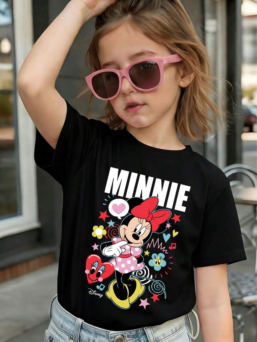 Disney Minnie Mouse Girls Graphic T-Shirt, 2-14Y Crew Neck Short Sleeve Tee With Heart & Star Print, Casual Daily Top For All Seasons, Express Delivery - màu đen - Xem 1