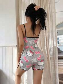 SANRIO 1件KT猫灰色吊带连体衣，夏季新款卡通蝴蝶结印花修身睡衣，V领开衩短裤睡裙，可爱休闲家居服，适合户外穿着 - 淺灰色 - 查看 7