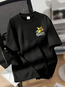 Camiseta infantil de manga curta e gola redonda com estampa de banana e desenho animado de beisebol. Leve e respirável, perfeita para o verão e que nunca sai de moda. - Preto - Ver 4