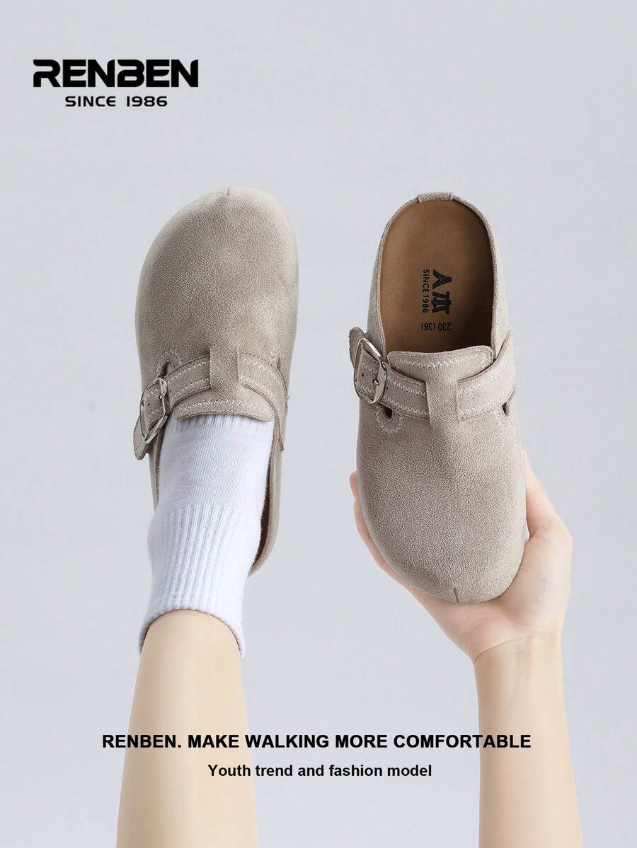 RENBEN Mẫu giày mules nữ casual mới về mùa Xuân/Hè 2026, giày đế xuồng thoải mái, phù hợp cho người nhỏ nhắn, đi làm và mang hàng ngày. - Màu Khaki - Xem 1