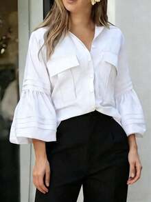 Camisa de mujer de unicolor, elegante y casual con mangas de campana - Nueva colección de primavera/otoño - Blanco - Ver 9
