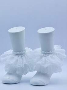 1双女童薄款蕾丝边袜，夏季儿童白色女童袜 - 白色 - 查看 9