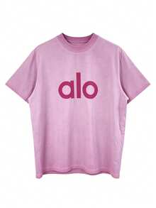 Alo Yoga Distressed Washed Pink T-Shirt, American Retro Loose Short-Sleeve, Sporty Casual Unisex Top - 查看 7