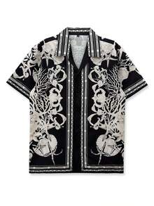 Printed Shirt, Black & White, Coral & Shell Pattern, Artistic Symmetry Style, Resort Shirt, Minimalist Fashion, Mature & Elegant, Artistic Design, Casual Outings, Leisure & Holiday Shirt, Short Sleeve, Hawaiian Attire - Black - View 1