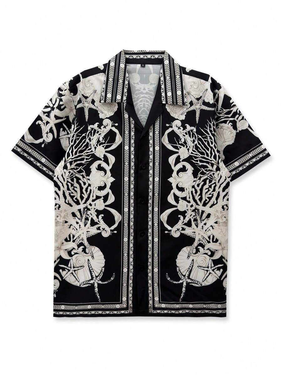Printed Shirt, Black & White, Coral & Shell Pattern, Artistic Symmetry Style, Resort Shirt, Minimalist Fashion, Mature & Elegant, Artistic Design, Casual Outings, Leisure & Holiday Shirt, Short Sleeve, Hawaiian Attire - Black - View 1