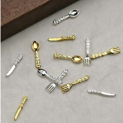 20-50Pcs 3D Mini Cutlery Nail Charms, Alloy Fork Spoon Knife Nail Art Accessories, Gold/Silver Tiny Tableware For DIY Press On Nails & Manicure Decoration