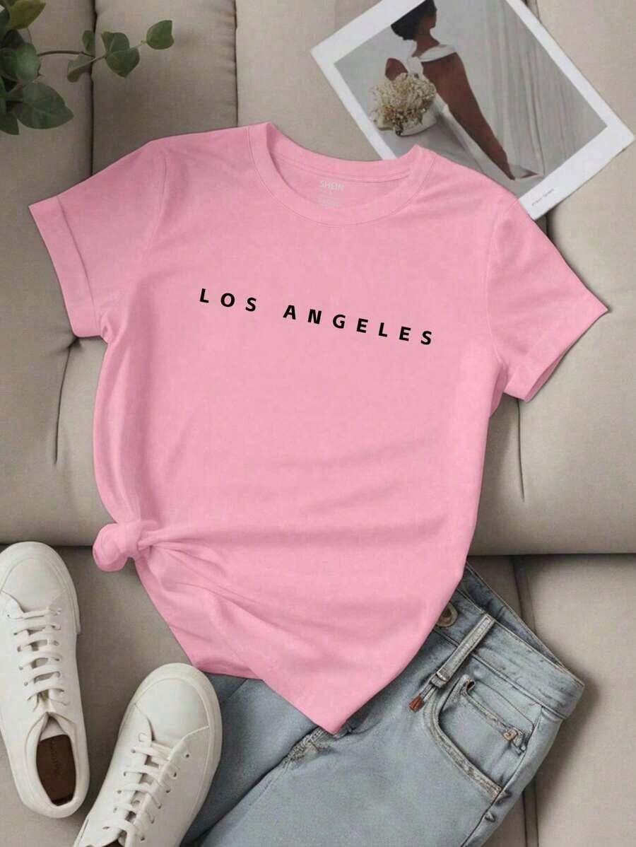 Free Shipping, Local Delivery In Mexico, 4-Day Delivery. Women's T-Shirt With Print, Slogan And Lettering, Short Sleeves And Crew Neck LOS ANGELES For New Year's Wear, Graphic Tees For Women. - 羅莎 2 - 查看 1