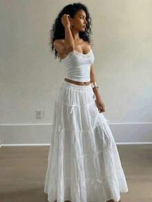Elegant High Waist Vintage Bow Decor Loose A-Line Skirt White Spring - trắng - Xem 4