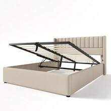Storage Bed, Upholstered Bed, Hydraulic Double Bed 140x200cm, Wooden Slatted Base, Bed With Metal Slatted Base, Linen, Beige - Beige - View 2